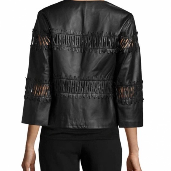 lafayette 148 woven insert crew neck brown leather jacket - Picture 12 of 12